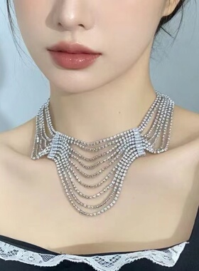 法式复古超闪满钻多层叠戴项链奢华时尚优雅淑女气质高级锁骨链女
