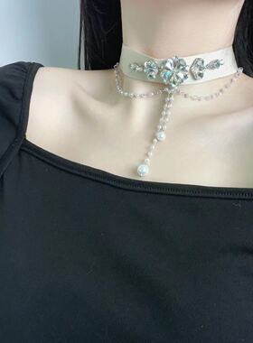 高级超闪水晶花朵珍珠水晶流苏项链法式浪漫甜美淑女气质锁骨链女