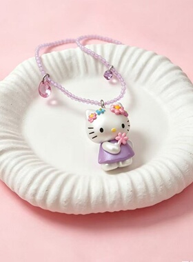 童趣卡通人物彩色kt猫吊坠串珠项链小清新少女感甜美可爱锁骨链女