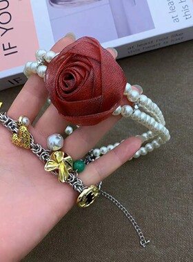 法式浪漫的珍珠玫瑰花多层项链复古轻奢重工高级甜美气质锁骨链女