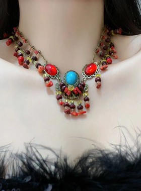 复古民族风绿松石串珠流苏项链耳环异域风情波西米亚优雅高级饰品