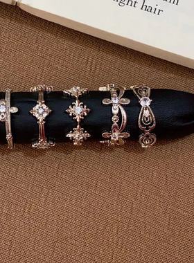 时尚轻奢锆石咖啡金花朵开口戒指复古宫廷风精致ins风小众指环戒