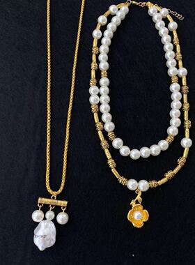 老钱风珍珠转运珠蝴蝶多层叠戴项链女轻奢高级感重工复古毛衣链潮