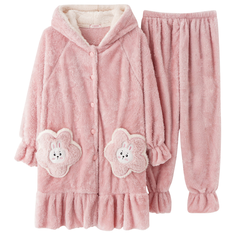 乐姿梦旗舰店法兰绒睡衣女情侣秋冬连衣帽加厚珊瑚绒睡袍可爱小白兔男士家居服0