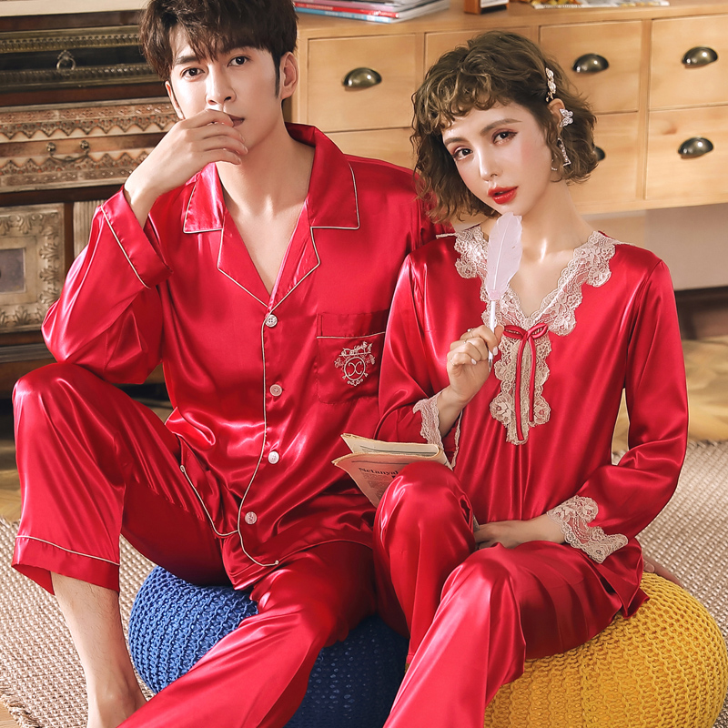 乐姿梦旗舰店新款情侣睡衣女春秋款长袖薄款冰丝绸可爱套装男士夏季家居服0