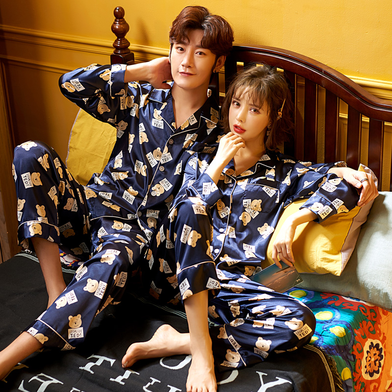 乐姿梦旗舰店韩版春秋仿真丝绸情侣睡衣男女长袖夏季冰丝薄款开衫秋套装家居服0