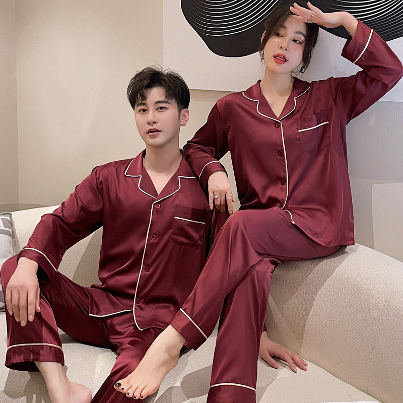 春秋情侣冰丝红色本命年丝绸感睡衣 乐姿梦睡衣/家居服套装