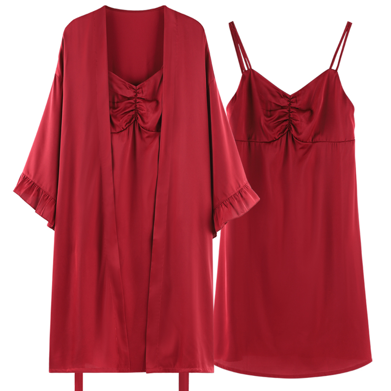 乐姿梦旗舰店乐姿梦春秋季冰丝绸薄款性感睡裙新娘晨袍红色结婚婚礼睡袍睡衣女0