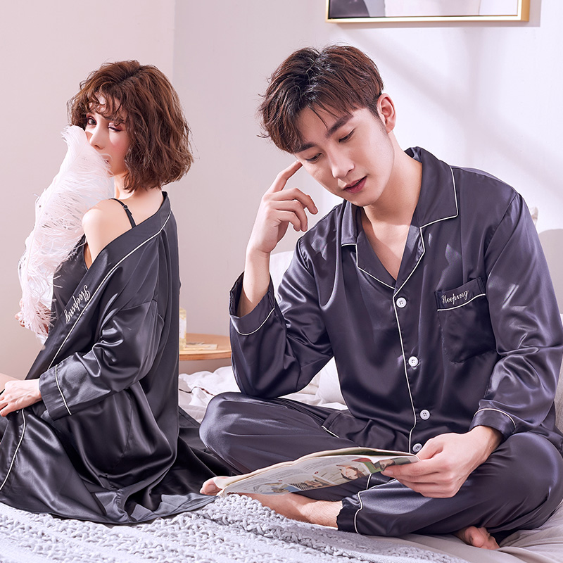 乐姿梦旗舰店情侣睡衣春秋季冰丝绸薄款性感睡裙女新婚结婚红色家居服男士套装1