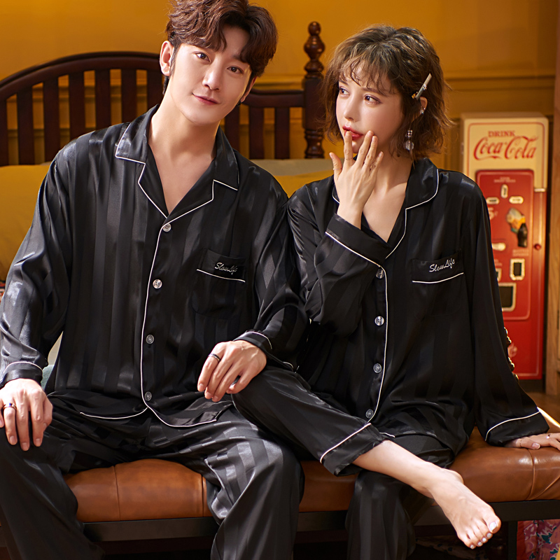 乐姿梦旗舰店情侣睡衣女春秋款夏季冰丝长袖薄款男士仿真丝绸可外穿家居服套装2