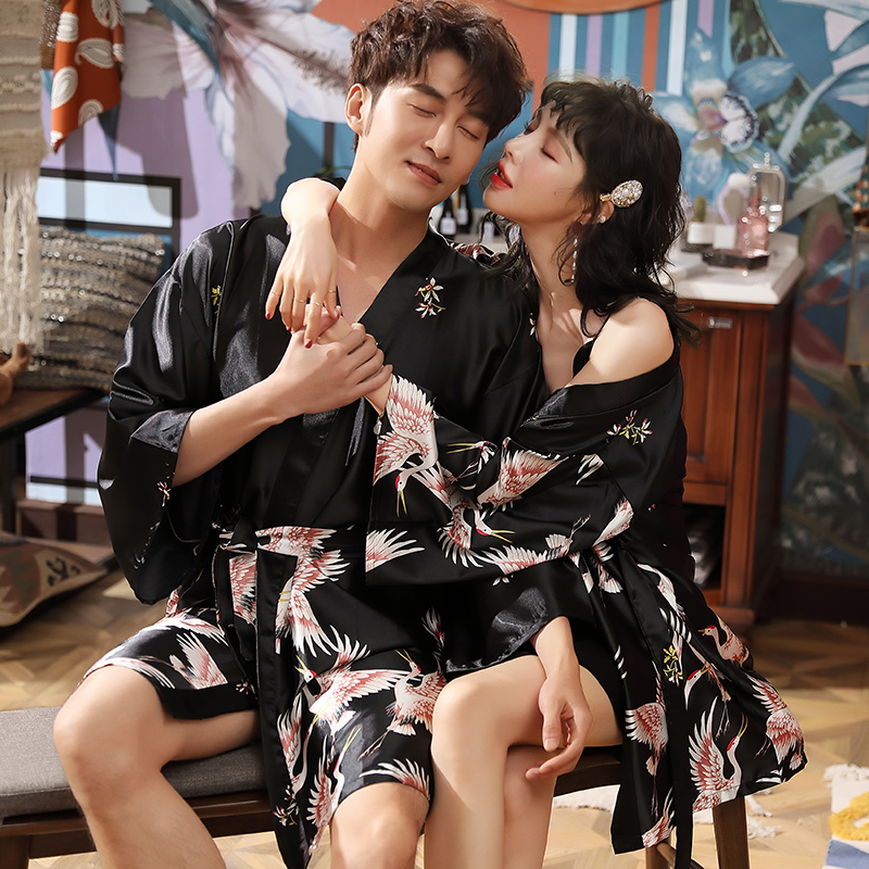 乐姿梦旗舰店春秋丝绸情侣睡袍男士浴袍女仿真丝质吊带睡裙睡衣晨袍夏季家居服0