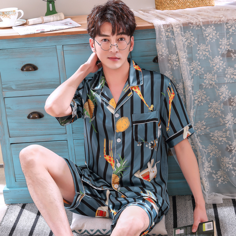 乐姿梦旗舰店夏季男士冰丝薄款睡衣男短袖大码休闲家居服男韩版套装春夏天丝绸1