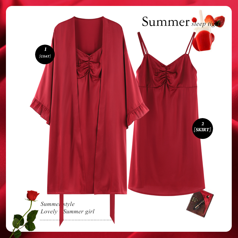 乐姿梦旗舰店乐姿梦春秋季冰丝绸薄款性感睡裙新娘晨袍红色结婚婚礼睡袍睡衣女3