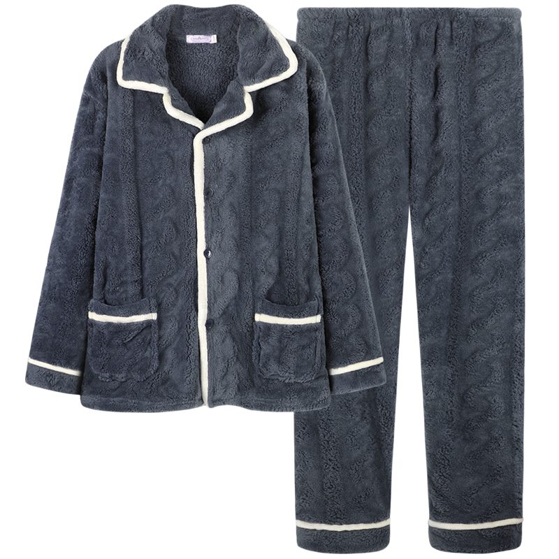 乐姿梦旗舰店乐姿梦新款珊瑚绒睡衣男秋冬季长袖韩版开衫加绒加厚法兰绒家居服0
