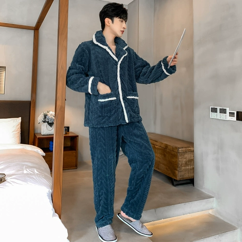 Мужская демисезонная фланелевая пижама, кардиган, лонгслив, коралловый комплект, в корейском стиле