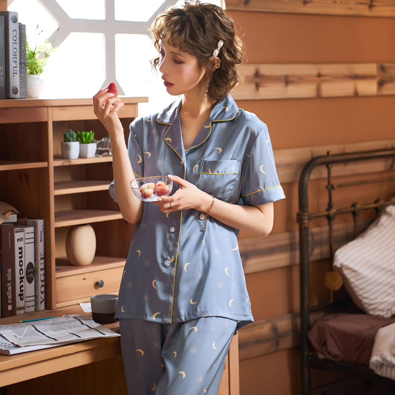 乐姿梦旗舰店韩版女士睡衣夏冰丝短袖长裤薄款仿真丝绸夏季可爱家居服两件套装2