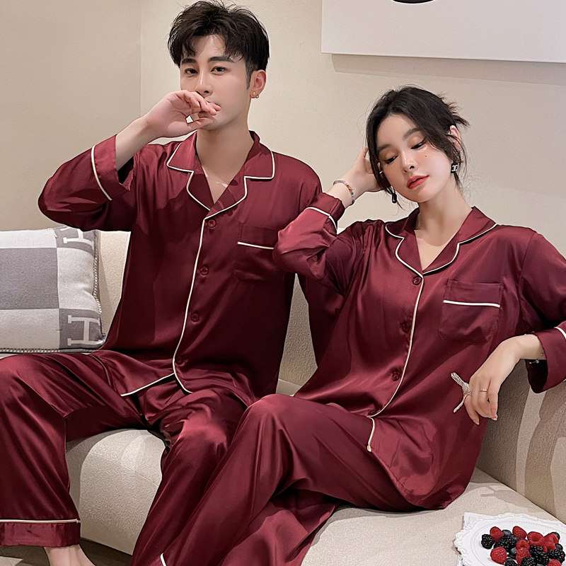 春秋情侣冰丝红色本命年丝绸感睡衣 乐姿梦睡衣/家居服套装