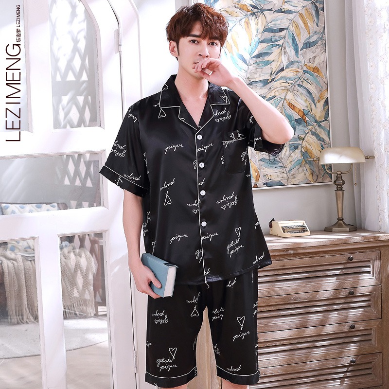 乐姿梦旗舰店睡衣男夏季短袖短裤薄款冰丝质加大码夏套装仿真丝绸青少年家居服0