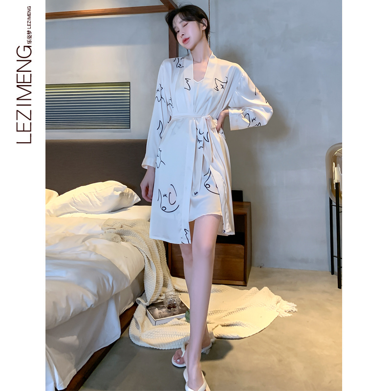 乐姿梦旗舰店乐姿梦情侣睡袍夏季冰丝性感薄款宽松吊带睡裙女春秋款睡衣男套装2