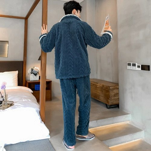 Мужская демисезонная фланелевая пижама, кардиган, лонгслив, коралловый комплект, в корейском стиле