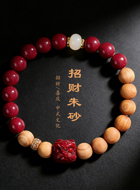 新中式天然朱砂醒狮手链女文艺复古中国风天然崖柏朱砂貔貅手串