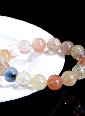 久雅水晶 天然7A级多彩发晶圆珠手链 多色兔毛发晶手串 厂家直销