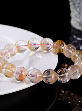 久雅水晶 天然芬达极光聚宝盆圆珠手链 老矿极光半盆手串 批发