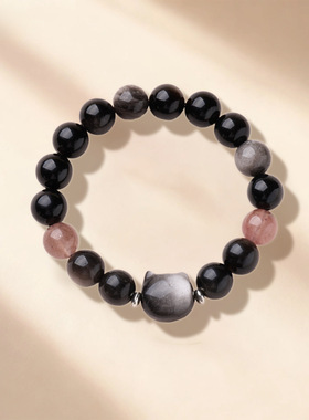 天银曜石草莓晶情侣手串新中式萌猫头手串送女友闺蜜生日礼物批发