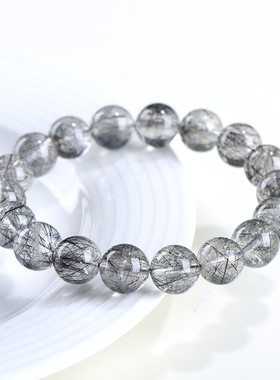 久雅水晶 天然维纳斯黑发晶圆珠手链 冰种黑色细发丝手链 批发