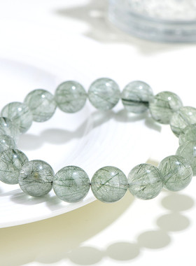 久雅水晶 天然细发绿发晶圆珠手链 绿色发晶散珠手串 厂家直销