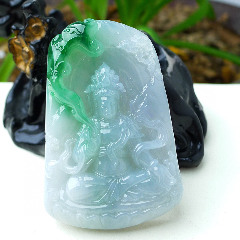 缅甸天然A货玉石翡翠挂件老坑飘绿色观音菩萨吊坠 - 图0