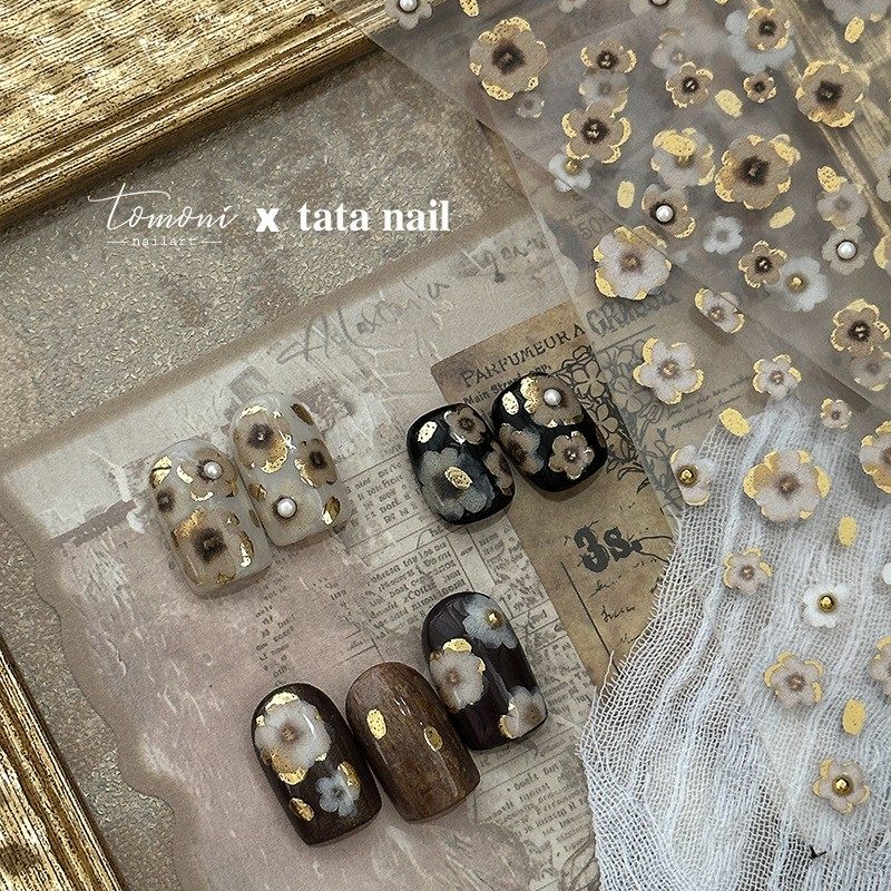 复古风黑金小花美甲贴纸烫金铆钉珍珠五瓣花朵百搭5d指甲贴纸饰品,淘宝优惠券,粉丝福利购,淘宝优惠卷
