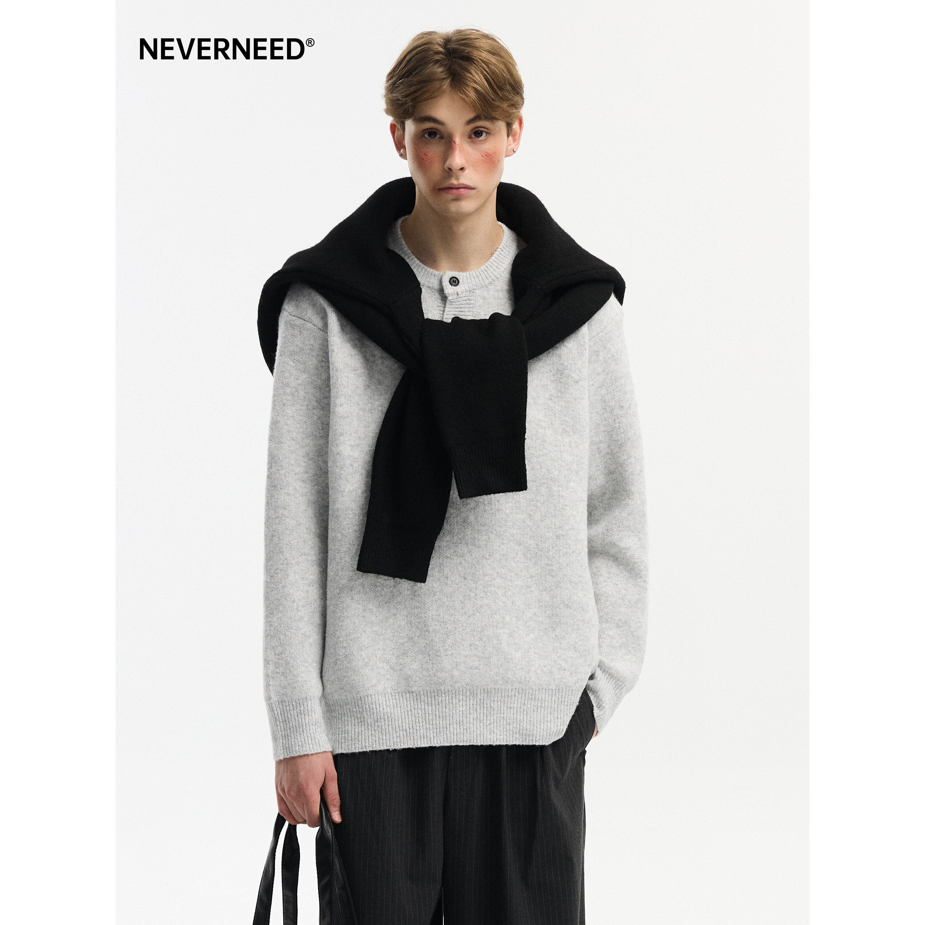 NEVERNEED亨利领套头毛衣男秋冬季美式慵懒风含绵羊毛针织衫外套,淘宝优惠券,粉丝福利购,淘宝优惠卷