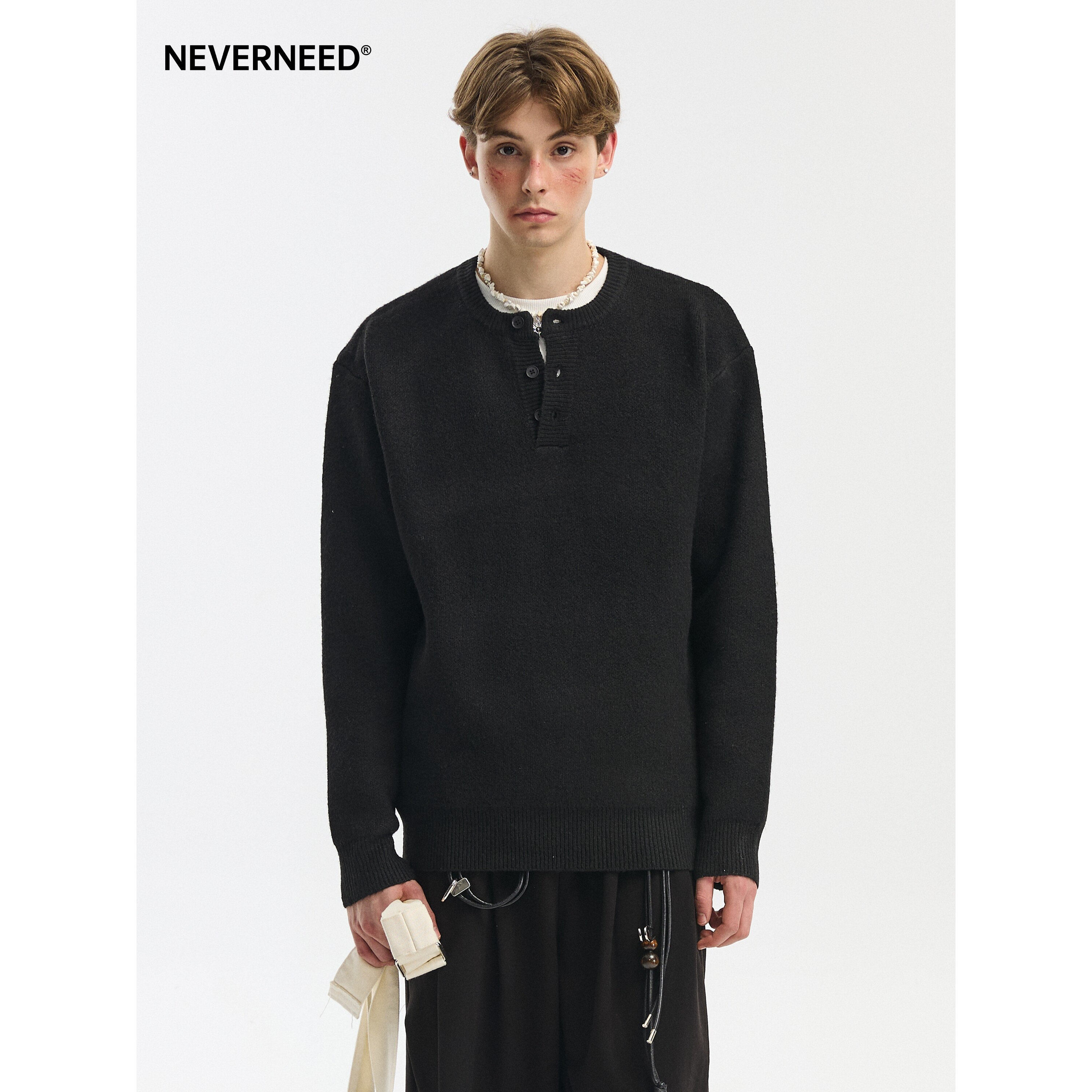 NEVERNEED亨利领套头毛衣男秋冬季美式慵懒风含绵羊毛针织衫外套,淘宝优惠券,粉丝福利购,淘宝优惠卷