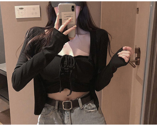 韩国东大门春秋网红辣妹性感抽绳挂脖抹胸背心+长袖开衫外套套装 - 图2