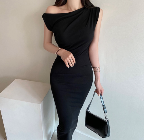 夏季优雅妩媚女人味性感褶皱斜肩无袖包臀修身背心中长裙连衣裙子 - 图1