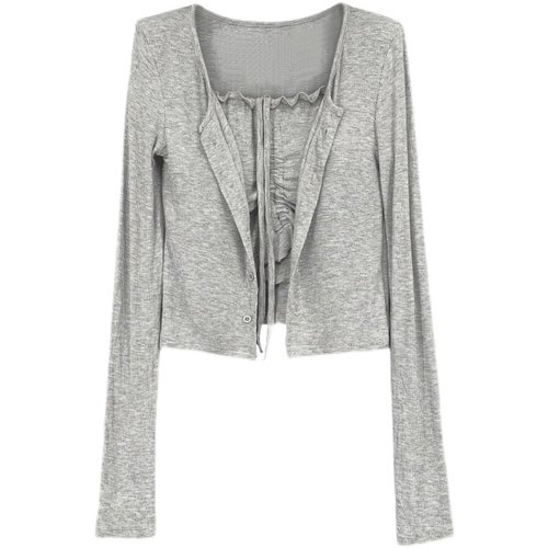 韩国东大门春秋网红辣妹性感抽绳挂脖抹胸背心+长袖开衫外套套装 - 图3