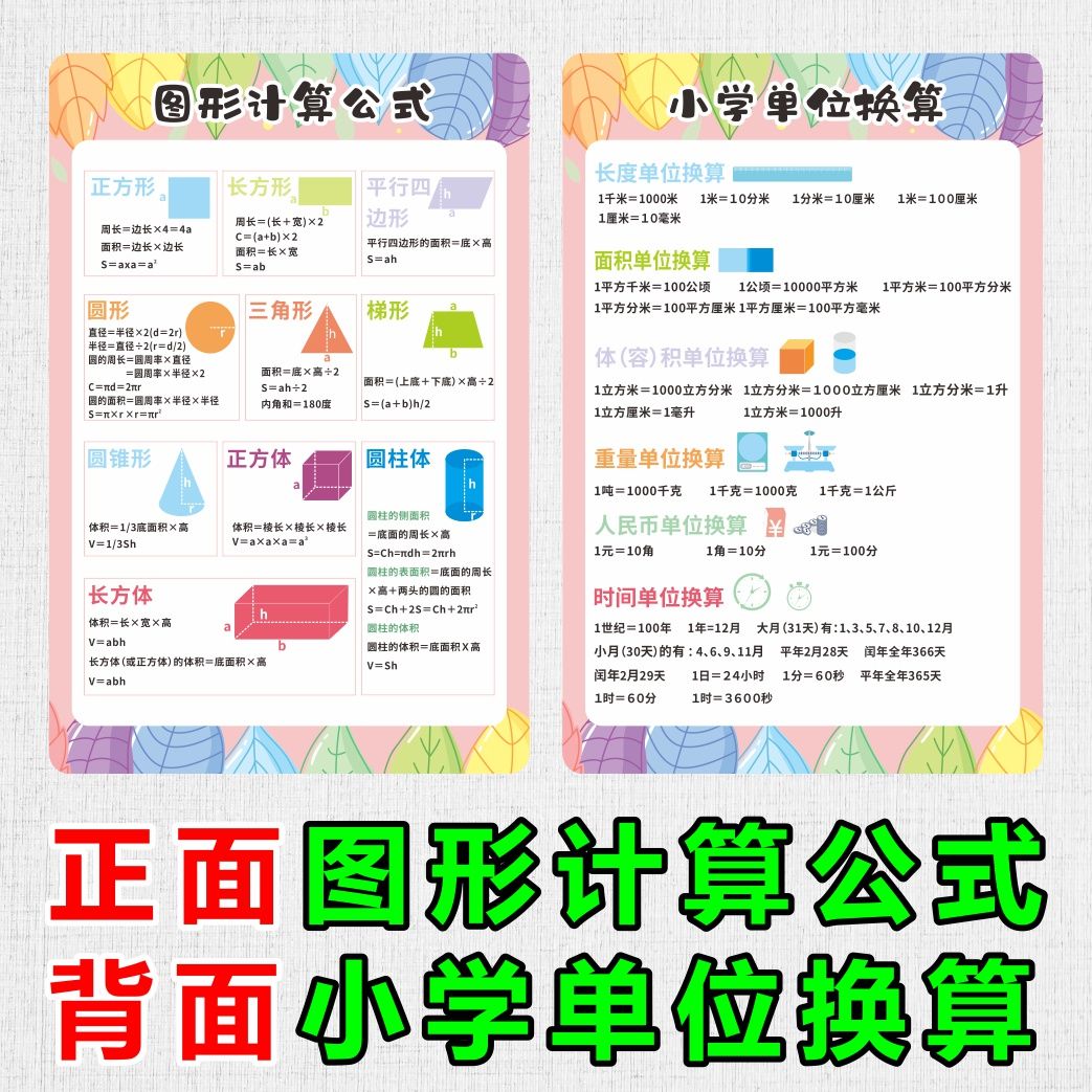 小学生数学公式大全卡片单位换算乘除表平面图形面积学习全套手卡 - 图2