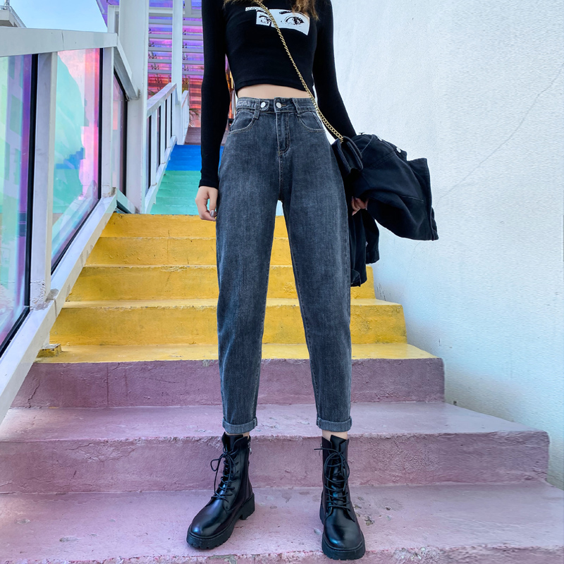 秋装烟灰色高腰老爹萝卜直筒牛仔裤 黛友牛仔裤