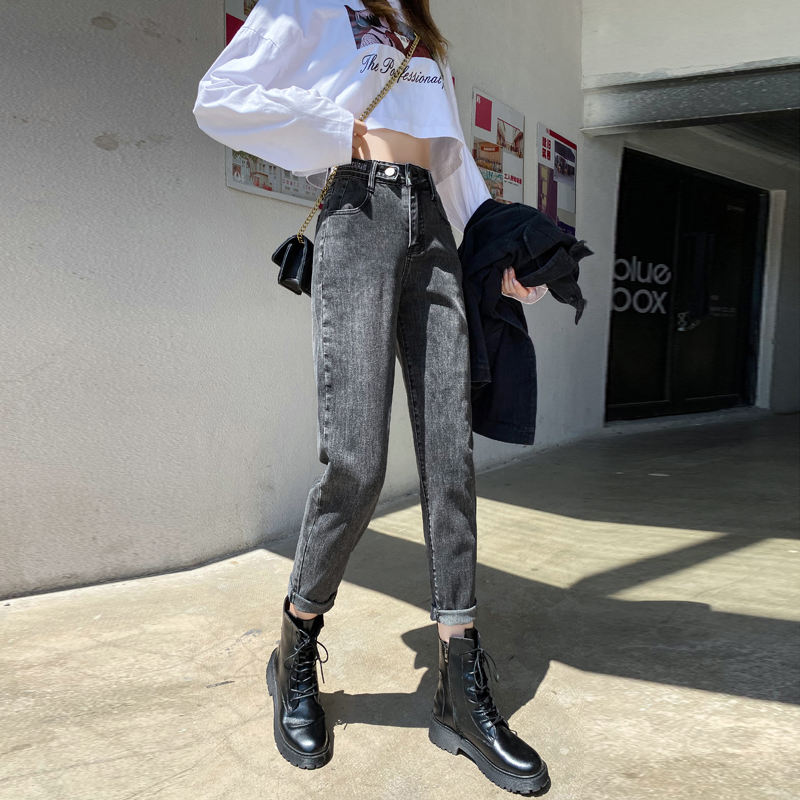秋装烟灰色高腰老爹萝卜直筒牛仔裤 黛友牛仔裤