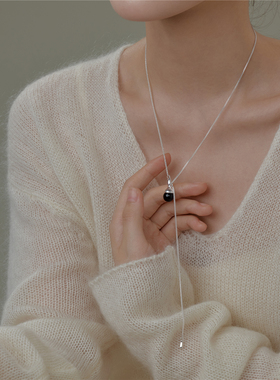 梵灵设计师款银影墨珠黑玛瑙项链女简约时尚S925纯银毛衣链百搭