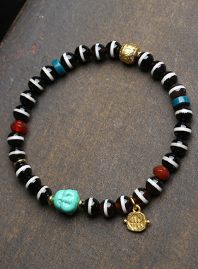 天然老西亚镶蚀线珠文玩手串单圈藏式复古玛瑙天珠朱砂配饰手链