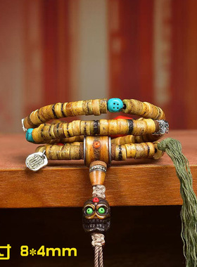 藏传回流牦牛骨108颗佛珠念珠脖挂藏式文玩三通佛头阿呆料器配饰