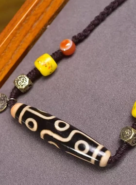 纯手工编织绳项链藏式文玩玛瑙九眼天珠吊住嘎乌盒挂坠饰品毛衣链