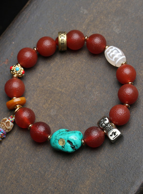 天然老皮红玛瑙手串单圈藏式文玩流苏玛瑙天珠回流骨配饰手链