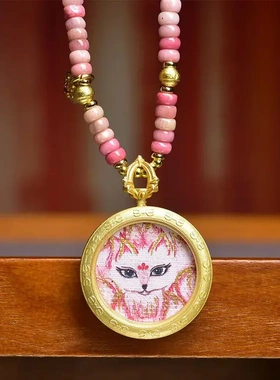 藏式文玩小唐卡扎基拉姆吊坠狐狸挂脖锁骨链草莓晶蔷薇石项链女