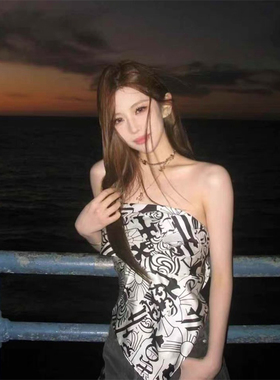 十字架梵文印花飘带丝巾头巾女夏季小众法式多穿法高级感抹胸背心