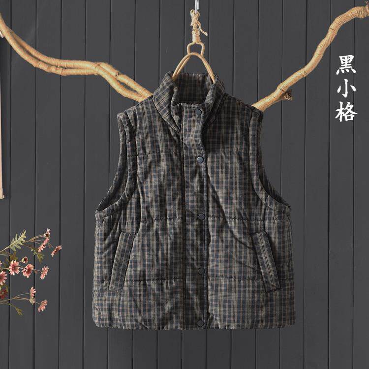 文艺宽松100%棉马甲无袖棉衣棉服背心冬季宽松夹棉加厚格子马夹女