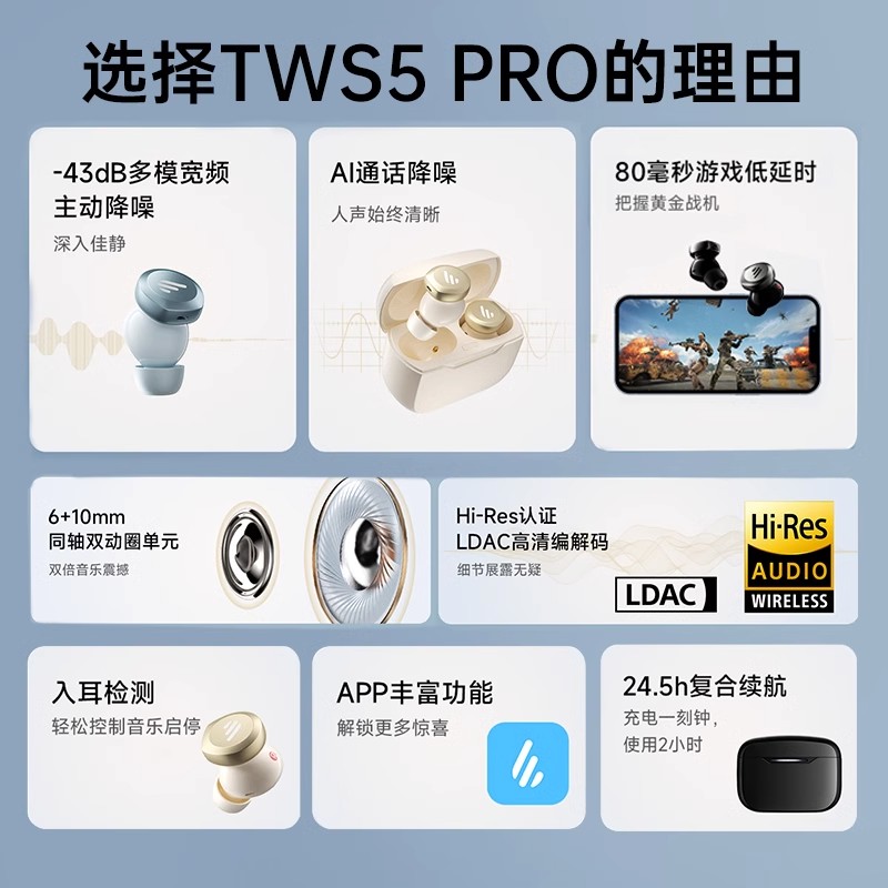 Edifier/漫步者 TWS5 PRO无线蓝牙耳机入耳式5.3运动降噪音乐跑步 - 图0