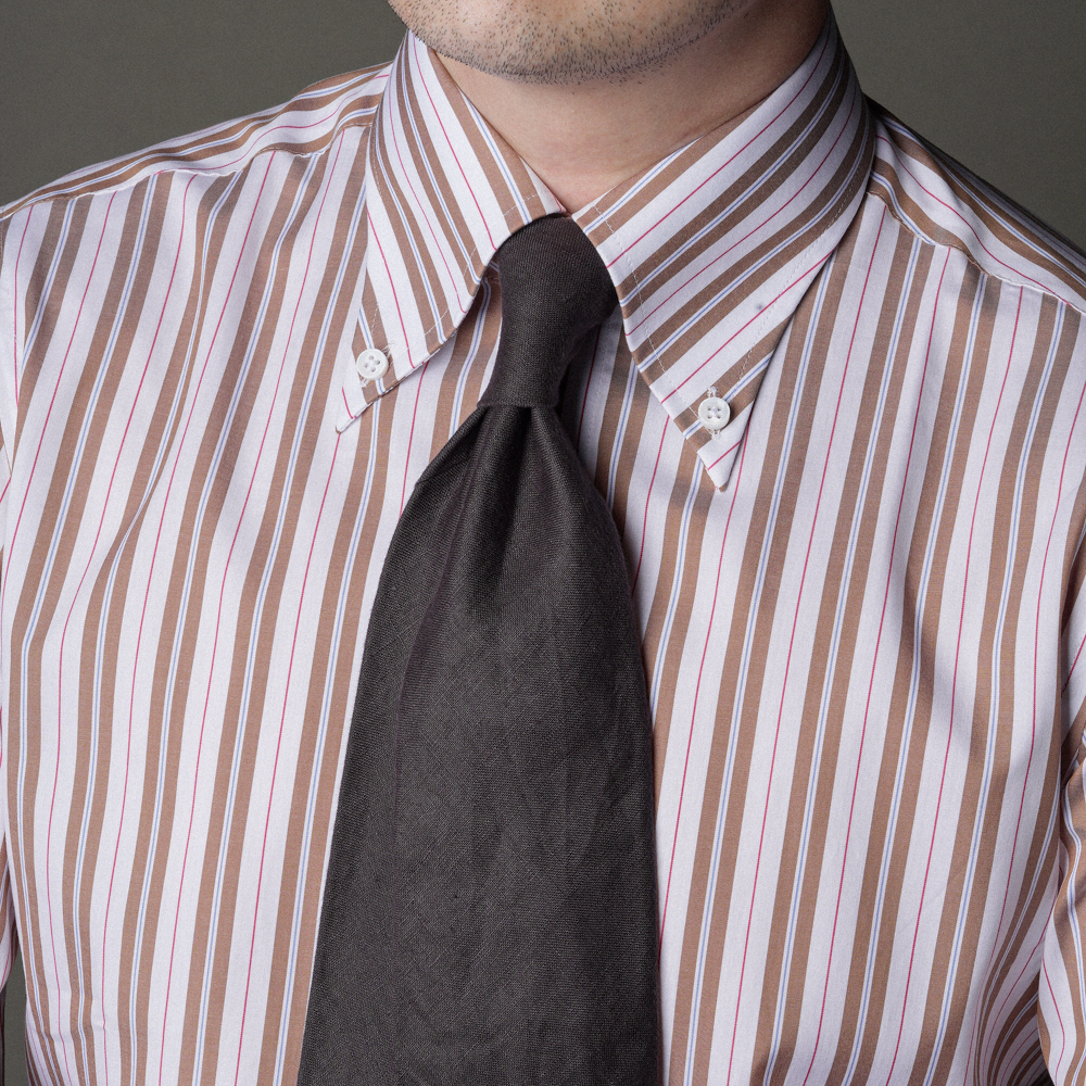 【意大利Albini】瀑布袖 棕色条纹 意大利产面料 长尖领衬衫 休闲 - 图0